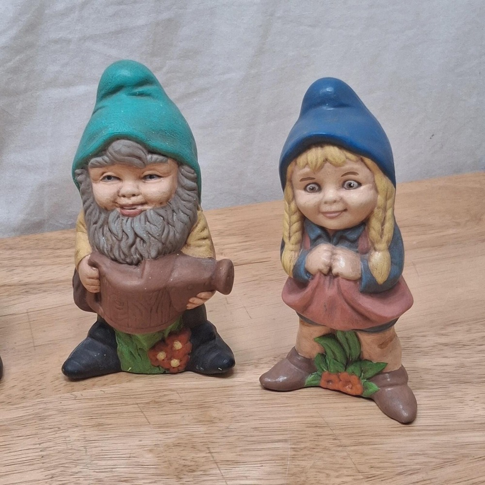 Vintage Ceramic Garden Gnomes / Dwarfs Set Of 6 Hand Painted Pixie Girl Boy READ - Picture 4 of 16